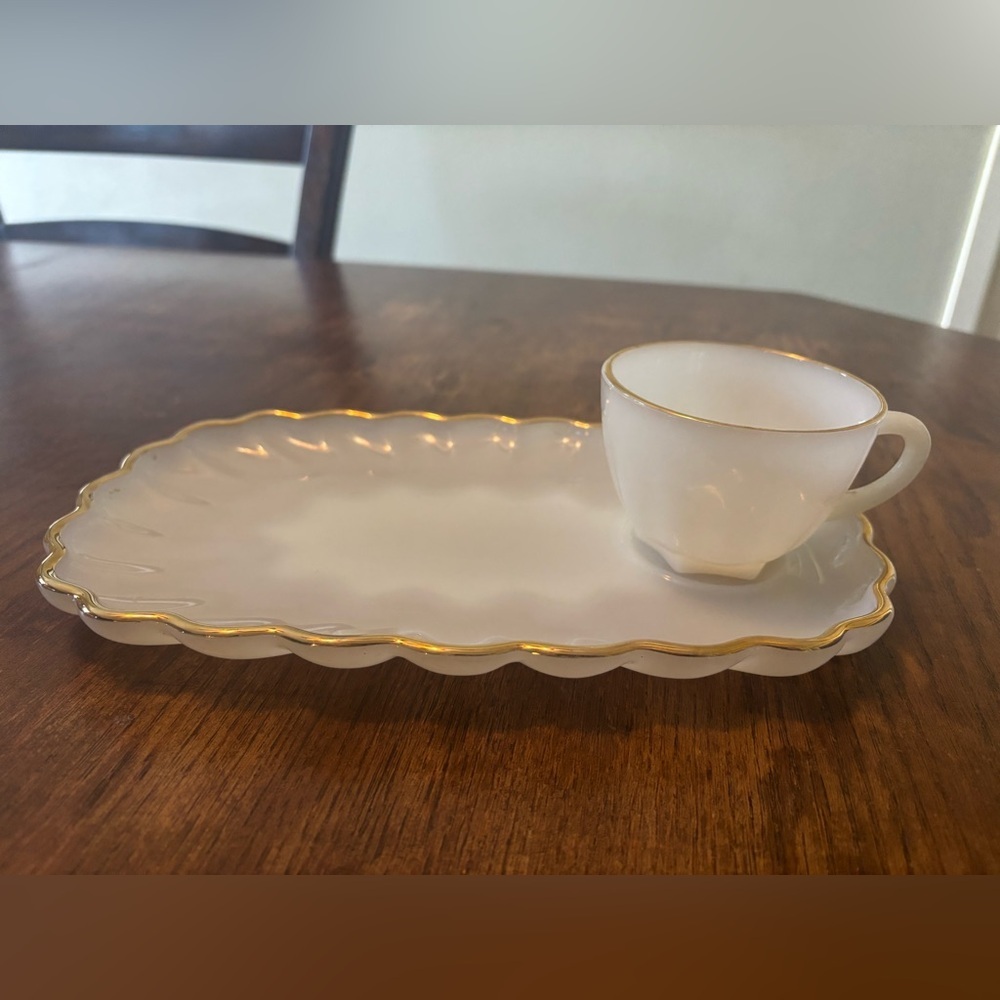 Milk glass with gold‎ trim lunch plate with cup.
